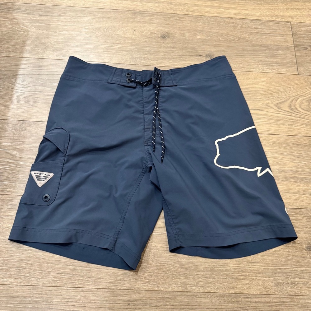 Columbia PFG Mens Board Shorts Navy Blue Size 34 Fishing Swim Trunks Bottle Open